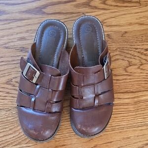 Brown Leather Slip-On Sandals with Buckle